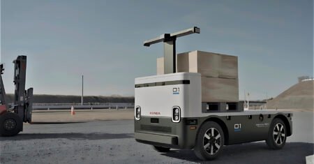 O AWV, um carro elétrico autônomo da Honda, pode carregar quase uma tonelada de materiais de construção e tem 10 horas de autonomia