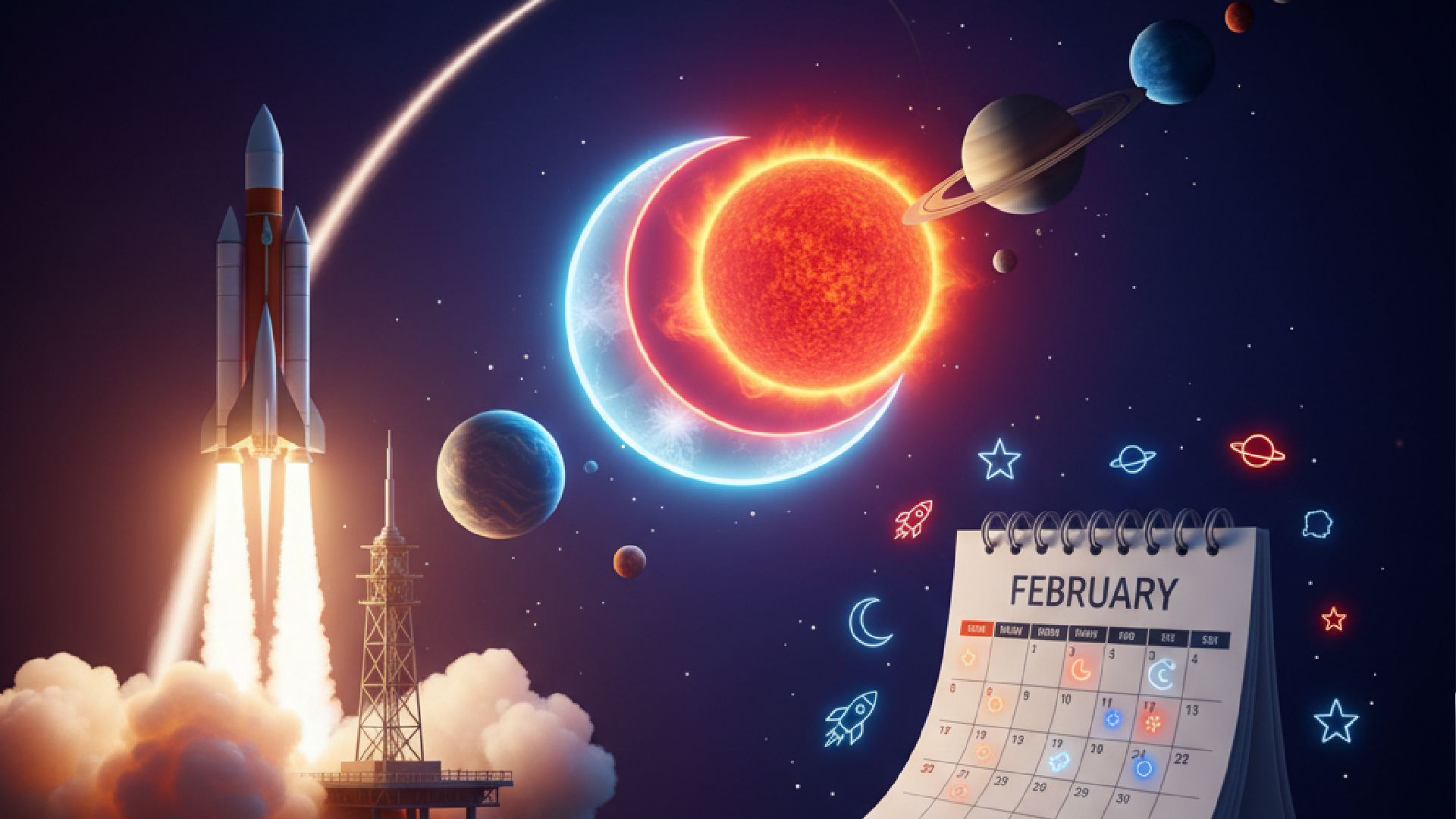 Imagem ilustrativa sobre Maior lançamento espacial do ano, alinhamento e eclipse no Calendário Astronômico de fevereiro